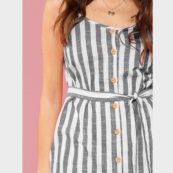 Button Front Vertical Stripe Cami Dress Belted - Picture 6 of 8